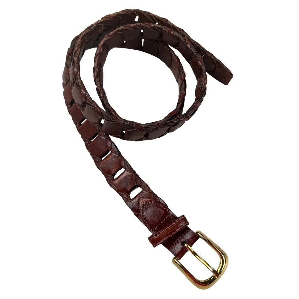 Vintage Brown Braided Leather Belt Size 36 Full Grain Cowhide Argentina Brass
